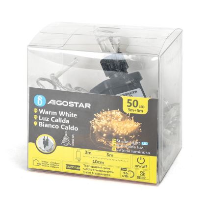 Aigostar - Catena luminosa natalizia a LED per esterni 50 LED/8 funzioni 8 m IP44 bianco caldo