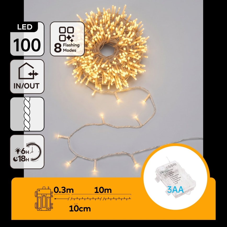 Aigostar - Catena luminosa natalizia da esterno 100xLED/8 funzioni 3xAA 10,3m IP44 bianco caldo