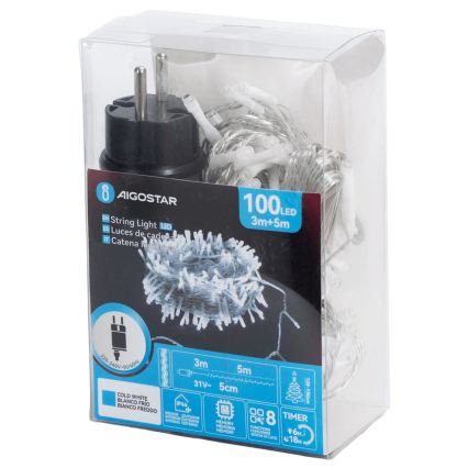 Aigostar - Catena luminosa natalizia da esterno 100xLED/8 funzioni 5,3m IP44 bianco freddo