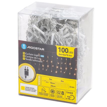 Aigostar - Catena luminosa natalizia da esterno 100xLED/8 funzioni 5x0,4m IP44 bianco caldo
