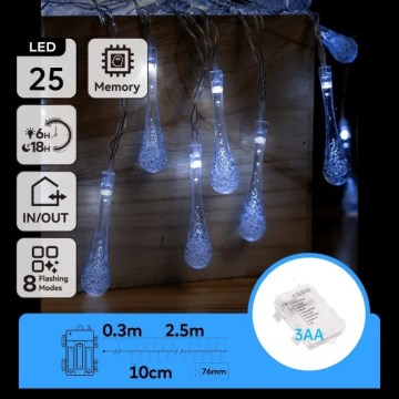Aigostar - Catena luminosa natalizia da esterno 25xLED/8 funzioni 3xAA 2,5 m IP44 bianco freddo a goccia