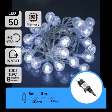 Aigostar - Catena luminosa natalizia da esterno, 50 LED/8 funzioni, 8 m, IP44, bianco freddo