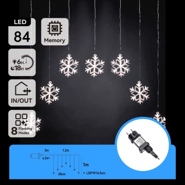 Aigostar - Catena luminosa natalizia da esterno 84 LED/8 funzioni 1,2x1m IP44 bianco freddo con fiocchi