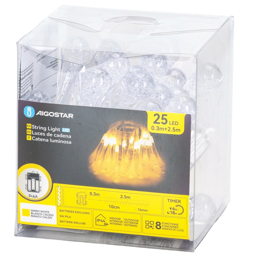Aigostar - Catena luminosa natalizia da esterno con 25 LED, 8 funzioni, alimentazione 3 batterie AA, 2,5 m, IP44, bianco caldo, a goccia