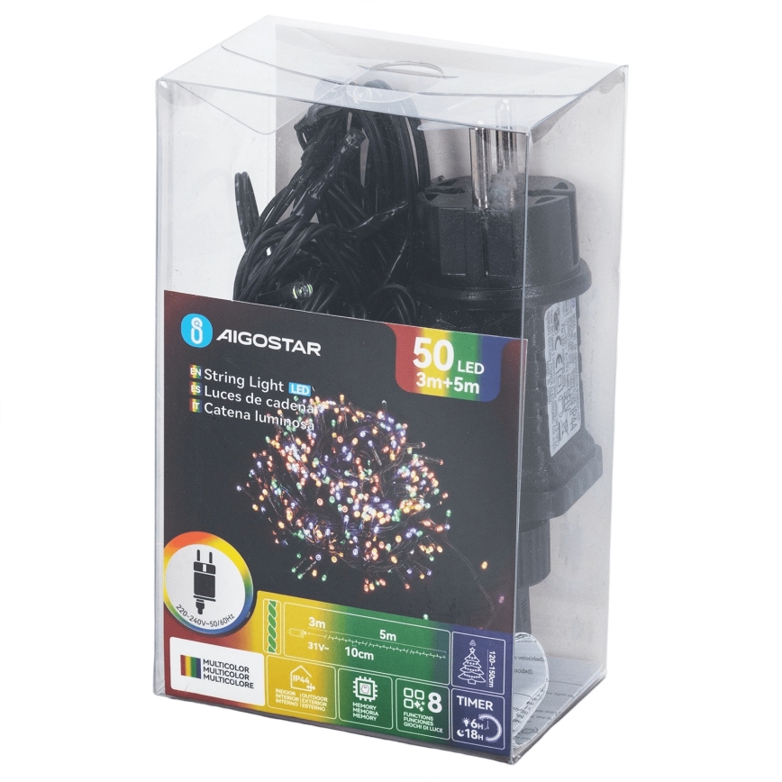 Aigostar - Catena luminosa natalizia da esterno a LED, 50 LED, 8 funzioni, 8 m, IP44, multicolore
