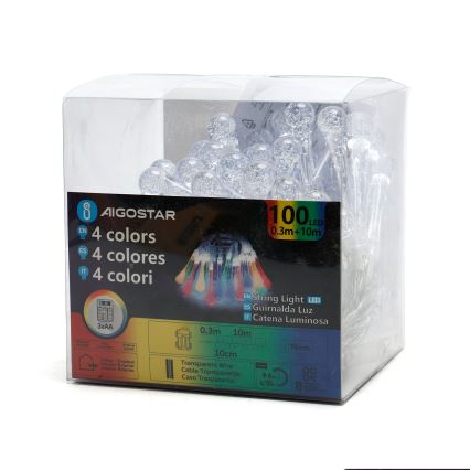Aigostar - Catena luminosa natalizia da esterno a goccia 100 LED/8 funzioni 3xAA 10 m IP44 multicolore