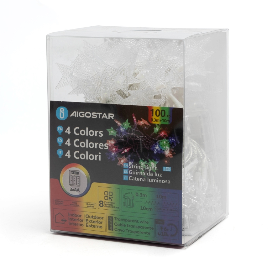 Aigostar - Catena luminosa natalizia da esterno LED RGBY 100 LED, 8 funzioni, 3x AA, 10 m, IP44, a forma di stelle