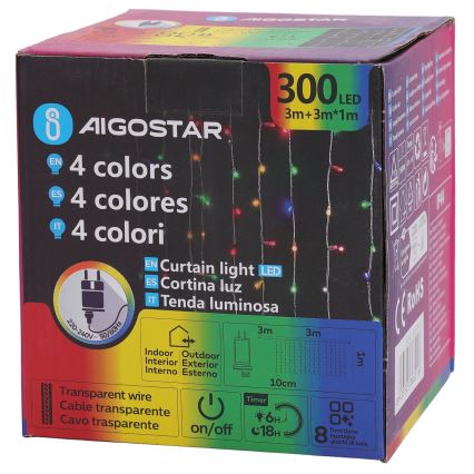 Aigostar - Catena luminosa natalizia LED RGBY per esterni 300xLED/8 funzioni 3x1m IP44 + telecomando