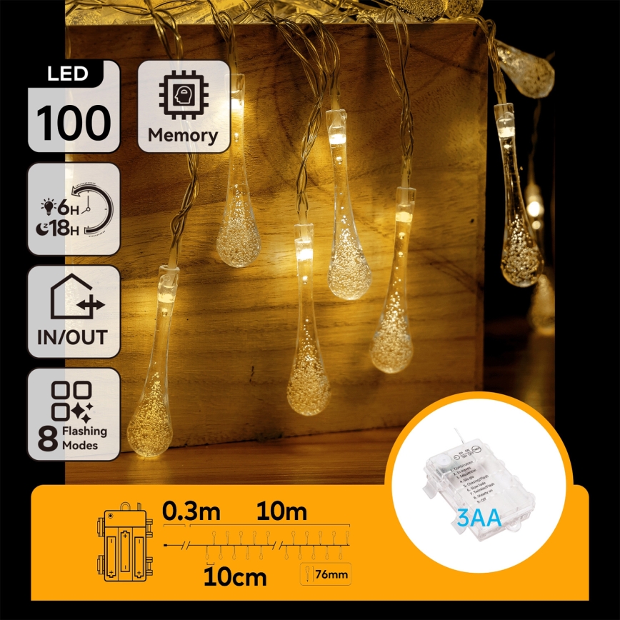 Aigostar - Catena luminosa natalizia LED da esterno, 100 LED, 8 funzioni, 3xAA, 10 m, IP44, bianco caldo, lampadine a goccia