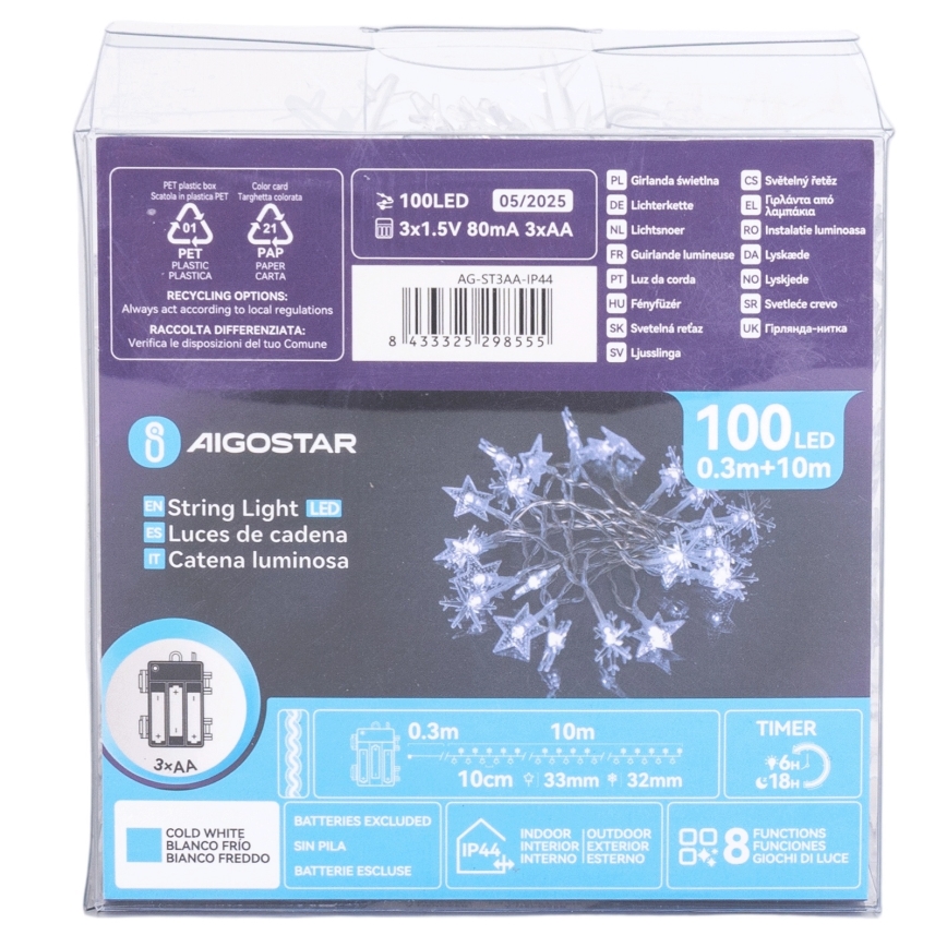 Aigostar - Catena luminosa natalizia LED da esterno 100xLED/8 funzioni 3xAA 10 m IP44 bianco freddo