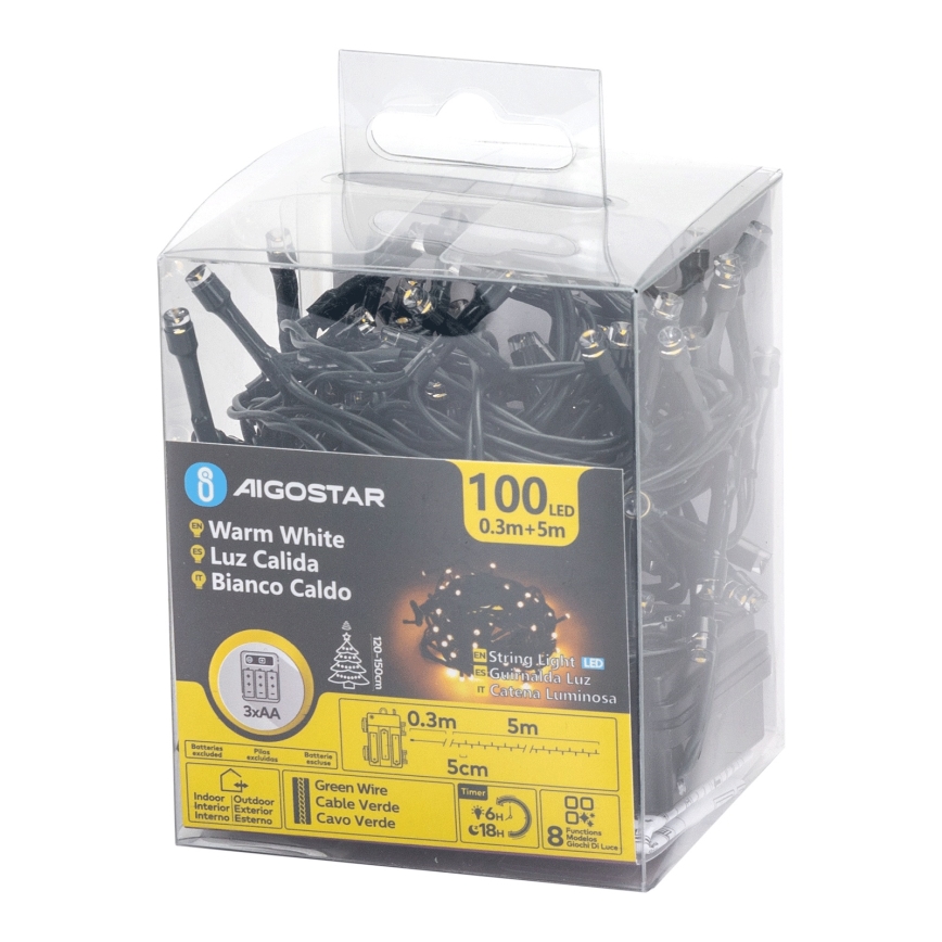 Aigostar - Catena luminosa natalizia per esterni 100 LED/8 funzioni 3xAA 5,3 m IP44 bianco caldo