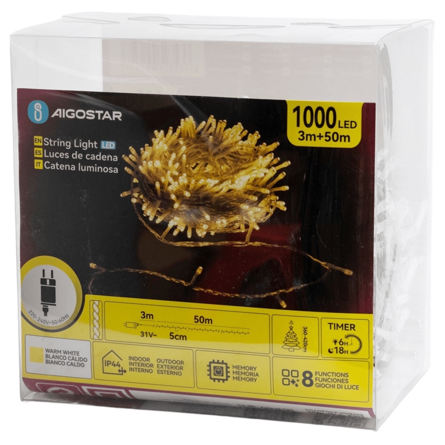 Aigostar - Catena luminosa natalizia LED per esterni 1000 LED/8 funzioni 50 m IP44 bianco caldo