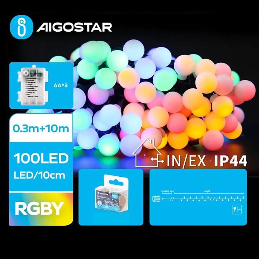 Aigostar - Catena luminosa natalizia LED da esterno 100xLED/3xAA/8 funzioni 10,3 m IP44 multicolore