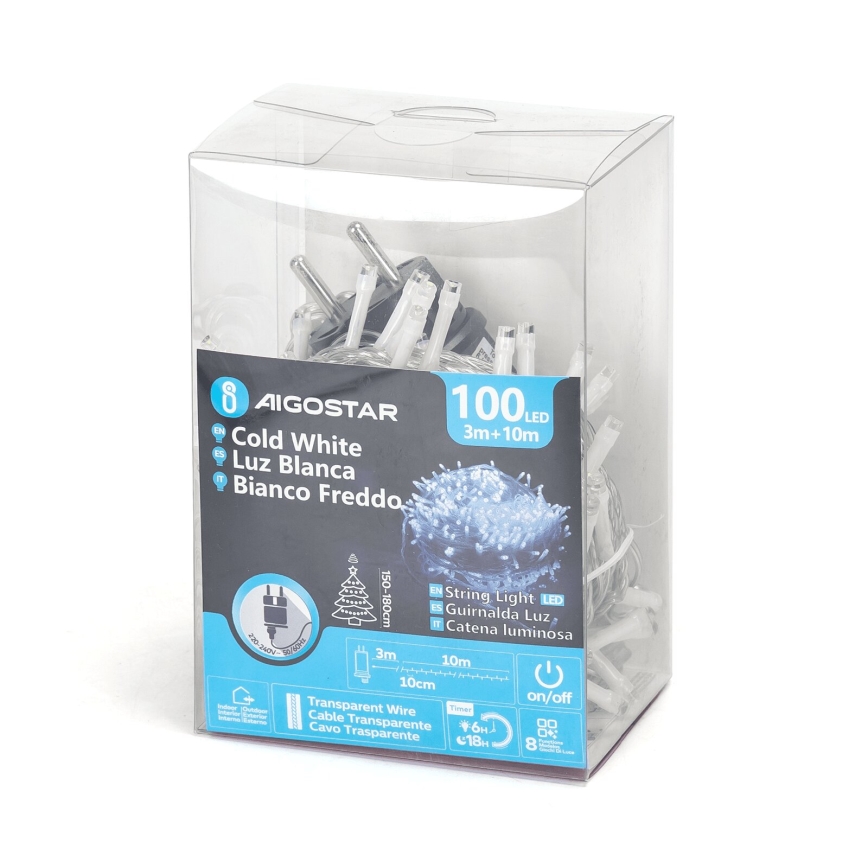 Aigostar - Catena luminosa natalizia LED da esterno 100xLED/8 funzioni 13m IP44 bianco freddo