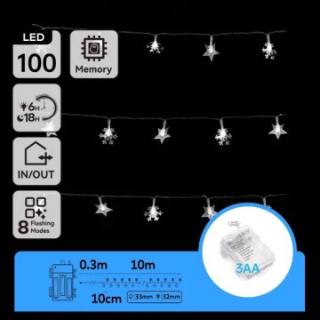 Aigostar - Catena luminosa natalizia LED da esterno 100xLED/8 funzioni 3xAA 10 m IP44 bianco freddo