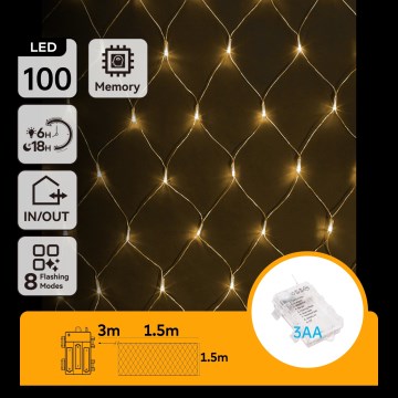 Aigostar - Catena luminosa natalizia LED da esterno 100xLED/8 funzioni/3xAA 4,5x1,5m IP44 bianco caldo