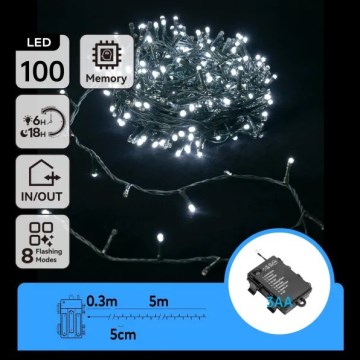 Aigostar - Catena luminosa natalizia LED da esterno 100xLED/8 funzioni 3xAA 5,3 m IP44 bianco freddo