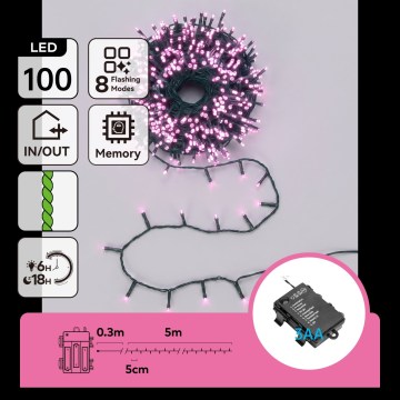 Aigostar - Catena luminosa natalizia LED da esterno 100xLED/8 funzioni 3xAA 5,3m IP44 rosa