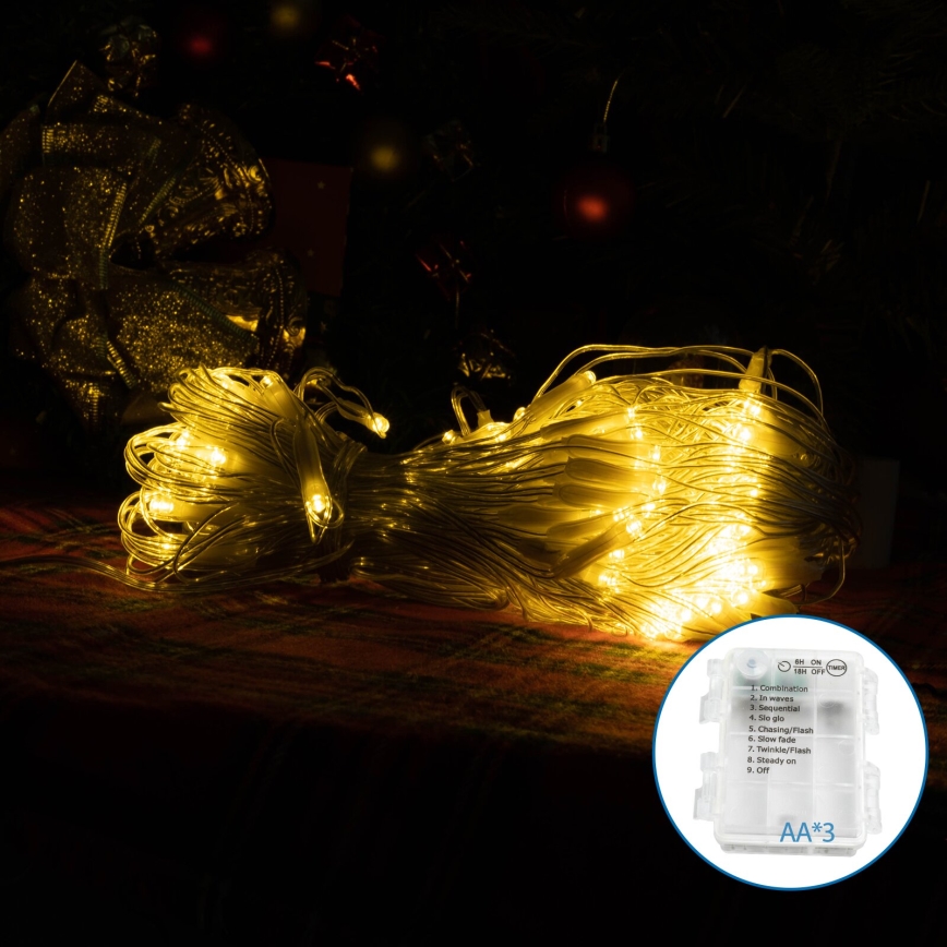 Aigostar - Catena luminosa natalizia LED da esterno 100xLED/8 funzioni 3xAA 8x0,6m IP44 bianco caldo