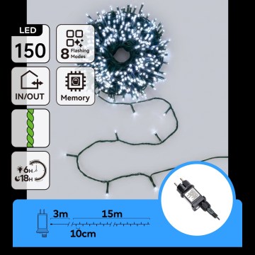 Aigostar - Catena luminosa natalizia LED da esterno, 150 LED, 8 funzioni, 18 m, IP44, bianco freddo