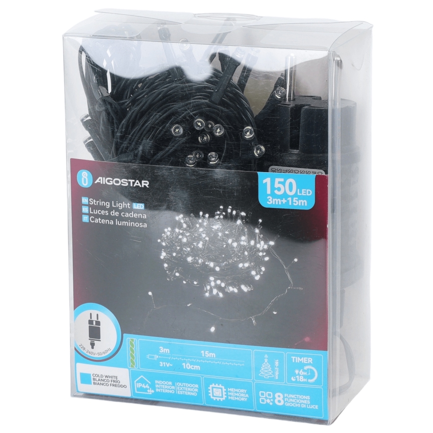 Aigostar - Catena luminosa natalizia LED da esterno, 150 LED, 8 funzioni, 18 m, IP44, bianco freddo