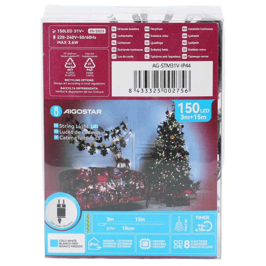 Aigostar - Catena luminosa natalizia LED da esterno, 150 LED, 8 funzioni, 18 m, IP44, bianco freddo