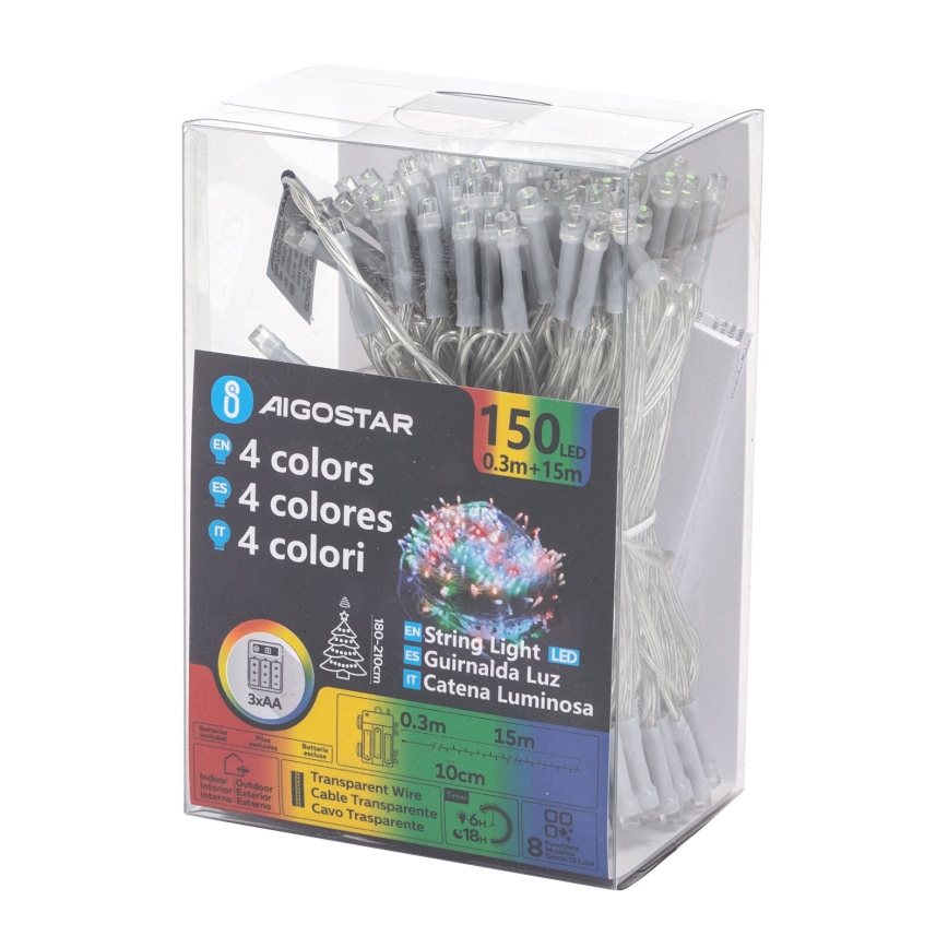 Aigostar - Catena luminosa natalizia LED da esterno 150 LED/8 funzioni 3x AA 15,3 m IP44 multicolore