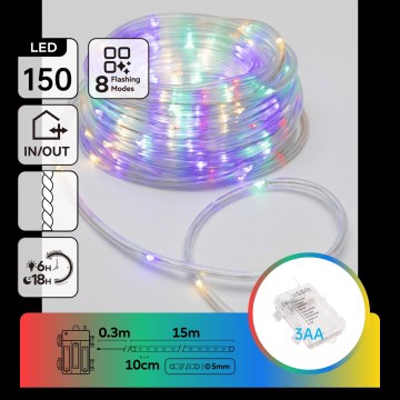 Aigostar - Catena luminosa natalizia LED da esterno 150xLED/8 funzioni 3xAA 15,3 m IP44 multicolore