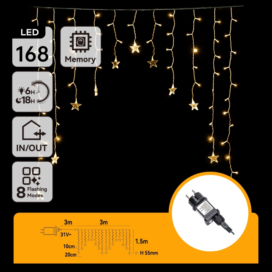 Aigostar - Catena luminosa natalizia LED da esterno 168xLED/8 funzioni 3x1,5m IP44 bianco caldo a forma di stelle