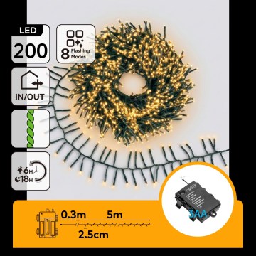 Aigostar - Catena luminosa natalizia LED da esterno 200 LED/8 funzioni 3xAA 5,3 m IP44 bianco caldo