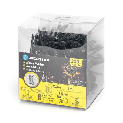 Aigostar - Catena luminosa natalizia LED da esterno 200 LED/8 funzioni 3xAA 5,3 m IP44 bianco caldo