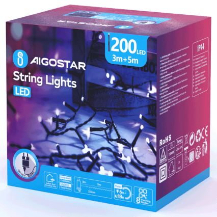 Aigostar - Catena luminosa natalizia LED da esterno 200 LED/8 funzioni 8 m IP44 bianco freddo