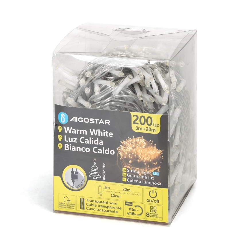 Aigostar - catena luminosa natalizia LED da esterno 200xLED/8 funzioni 23m IP44 bianco caldo