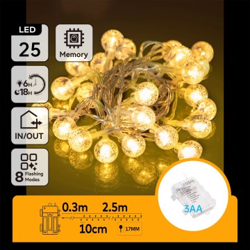 Aigostar - Catena luminosa natalizia LED da esterno 25xLED/3xAA/8 funzioni 2,8 m IP44 bianco caldo