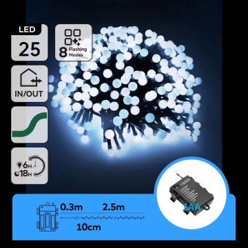Aigostar - Catena luminosa natalizia LED da esterno 25xLED/8 funzioni 3xAA 2,8m IP44 bianco freddo
