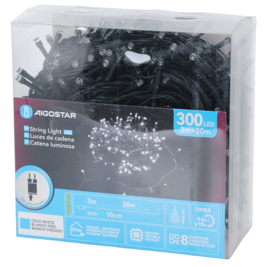 Aigostar - Catena luminosa natalizia LED da esterno 300 LED/8 funzioni 30 m IP44 bianco freddo