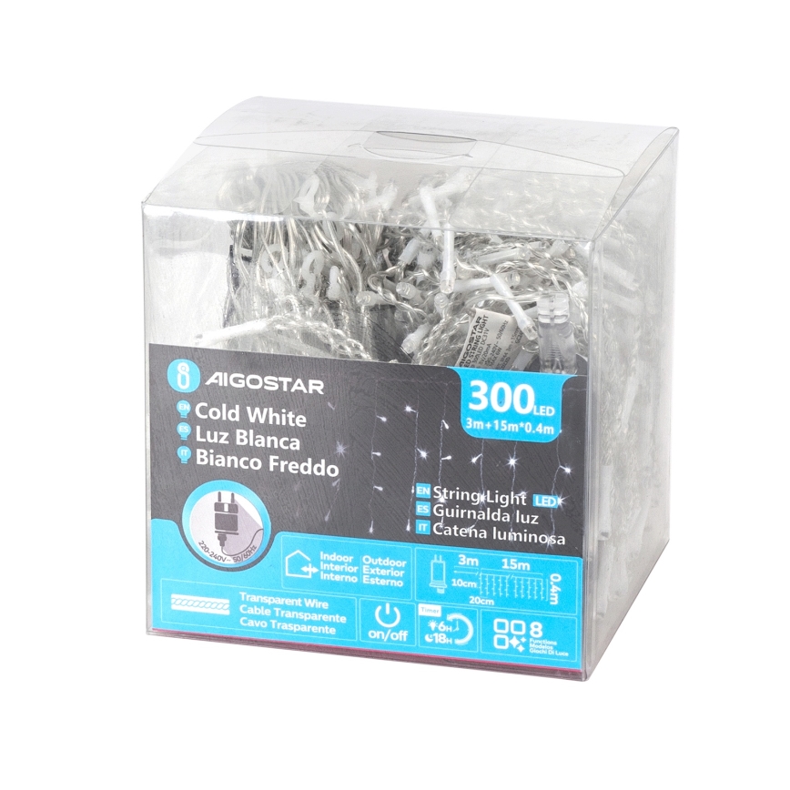 Aigostar - Catena luminosa natalizia LED per esterni 300xLED/8 funzioni 15x0,4 m IP44 bianco freddo