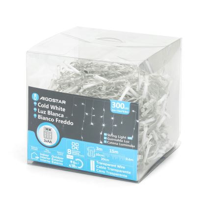 Aigostar - Catena luminosa natalizia LED per esterni 300 LED/8 modalità 3xAA 18x0,6 m IP44 bianco freddo
