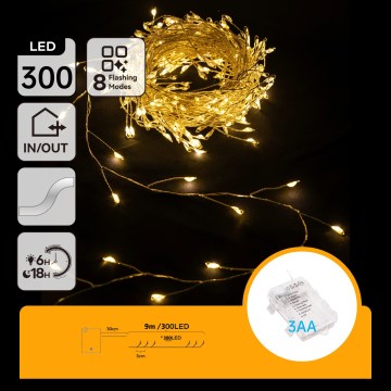 Aigostar - Catena luminosa natalizia LED da esterno 300 LED/8 funzioni 3xAA 9,3m IP44 bianco caldo