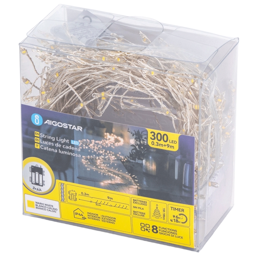 Aigostar - Catena luminosa natalizia LED da esterno 300 LED/8 funzioni 3xAA 9,3m IP44 bianco caldo