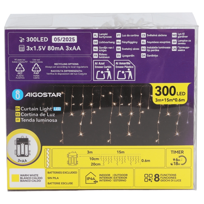 Aigostar - Catena luminosa natalizia a LED per esterni 300xLED/8 funzioni 3xAA 18x0,6 m IP44 bianco caldo