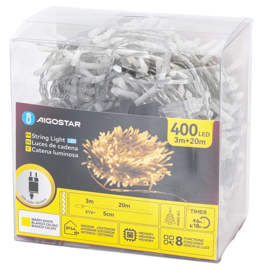 Aigostar - Catena luminosa LED natalizia da esterno 400xLED/8 funzioni 20 m IP44 bianco caldo