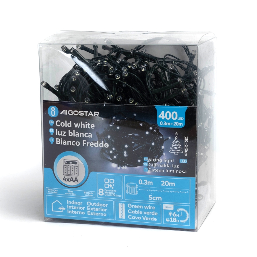 Aigostar - Catena luminosa LED da esterno per Natale, 400 LED, 8 funzioni, 4xAA, 20,3 m, IP44, bianco freddo