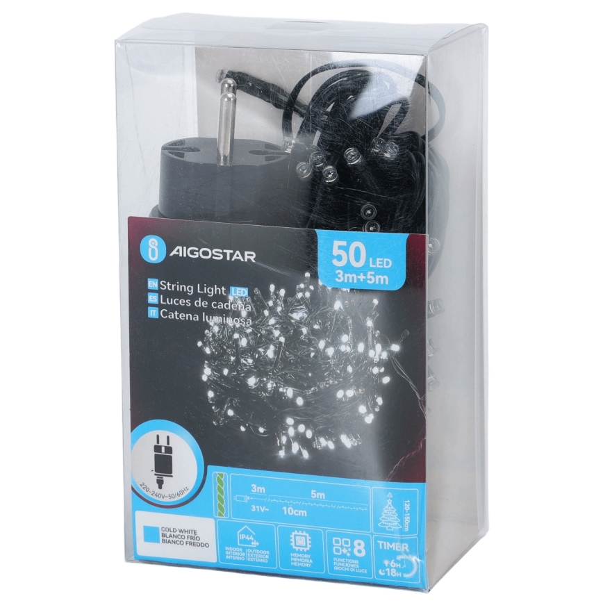 Aigostar - Catena luminosa natalizia LED da esterno 50 LED/8 funzioni 8 m IP44 bianco freddo