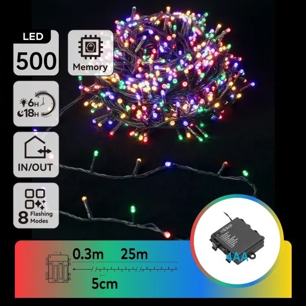 Aigostar - Catena luminosa natalizia LED da esterno 500 LED/8 funzioni 4xAA 25,3 m IP44 multicolore