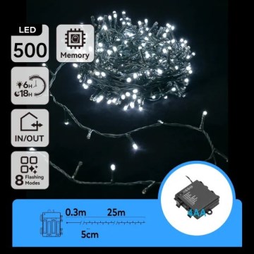 Aigostar - Catena luminosa natalizia LED da esterno 500xLED/8 funzioni 4xAA 25,3 m IP44 bianco freddo