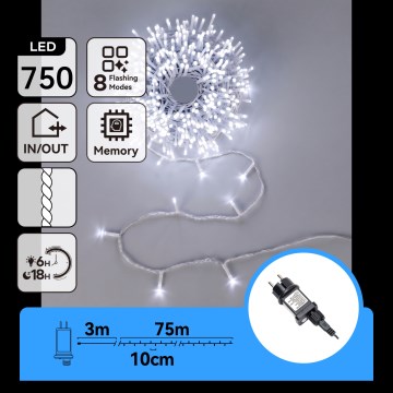 Aigostar - Catena luminosa natalizia LED da esterno 750xLED/8 funzioni 78m IP44 bianco freddo