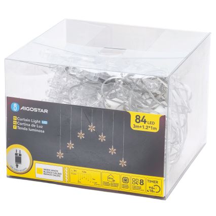Aigostar - Catena luminosa natalizia LED da esterno 84xLED/8 funzioni 1,2x1m IP44 bianco caldo con fiocchi di neve