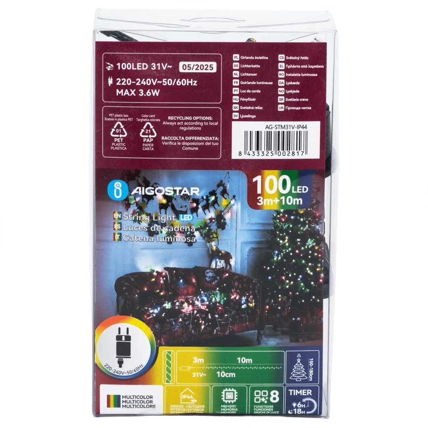 Aigostar - Catena luminosa natalizia LED per esterni 100 LED, 8 funzioni, 13 m, IP44, multicolore