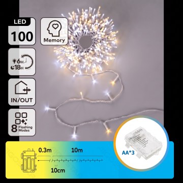Aigostar - Catena luminosa natalizia LED per esterni, 100 LED/8 funzioni, 3xAA, 10,3 m, IP44, bianco caldo/bianco freddo